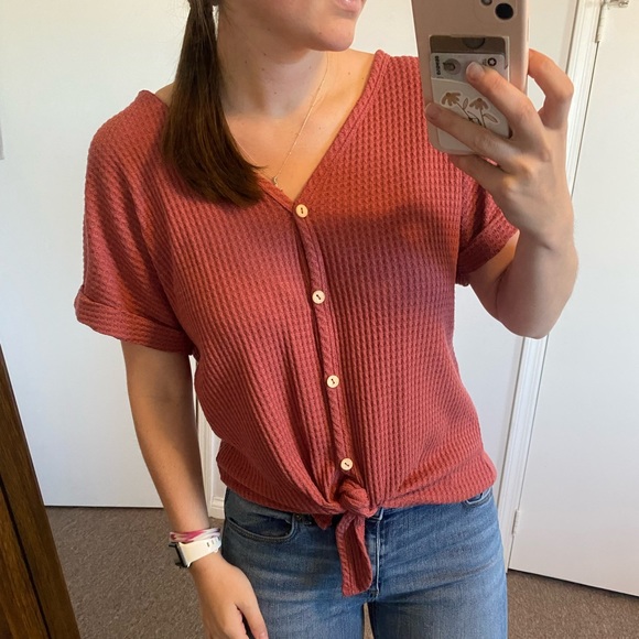 Altar’d State waffle knit tie front short sleeve blouse size small - Picture 6 of 6